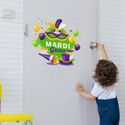 Pegatina de Puerta Mardi Gras Calcomanías de Pared de PVC Extraíbles Con Máscaras Plumas Morado Verde Oro para Fiesta