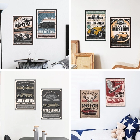 Retro Racing Car Wall Stickers Vintage American Industrial Style PVC Posters For Living Room Bedroom Garage Home Art Decor