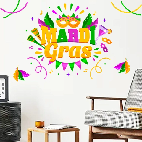 Mardi Gras Wall Stickers PVC Festive Carnival Mask Feather Decoration For Living Room Home Party Removable Wall Decal