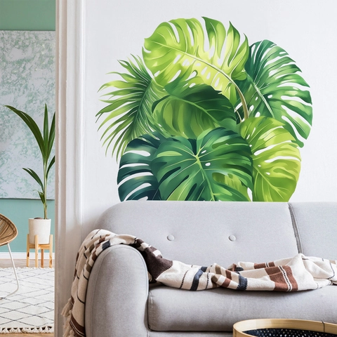 Moderni Adesivi da Parete Piante Tropicali PVC Foglie di Monstera Palma Ibisco Adesivi Murali per Soggiorno Decorazione Casa