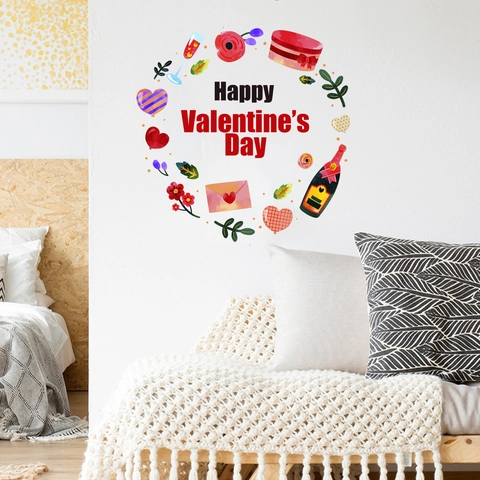Valentine's Day Wall Stickers PVC Heart Wine Bottle Gift Box Design Romantic Anniversary Home Decor Wall Decals