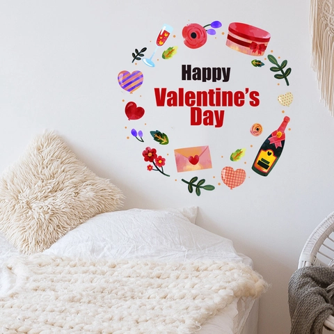 Valentine's Day Wall Stickers PVC Heart Wine Bottle Gift Box Design Romantic Anniversary Home Decor Wall Decals