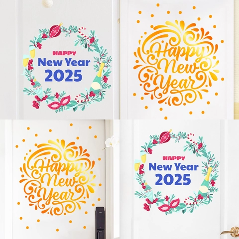 2025 Happy New Year Door Stickers PVC Waterproof Wall Decals Gold Lettering Floral Wreath Window Clings For Home Living Room Party Decoration