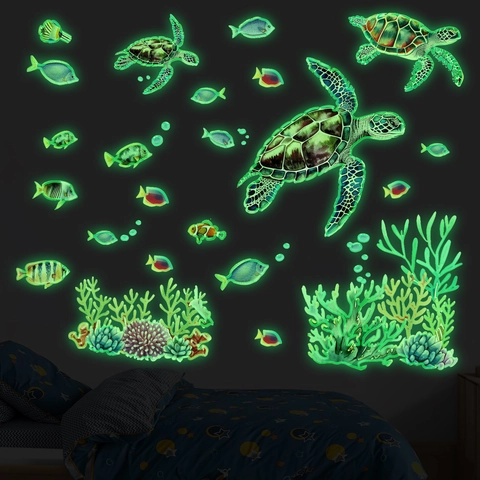 Pegatinas de Pared de Océano Tortuga Marina que Brillan en la Oscuridad Calcomanías PVC Luminosas Peces Coral Mundo Submarino