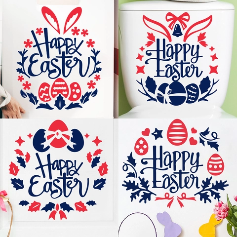 Pegatinas de Pared de Felices Pascuas PVC Impermeable Removible Calcomanías para Refrigerador Baño Decoración Conejo Huevo
