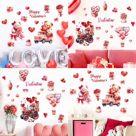 Valentinstag Teddybär Herz Wandaufkleber PVC Aquarell Rosa Rot Herz Ballon Rose Blume Aufkleber Für Home Decor