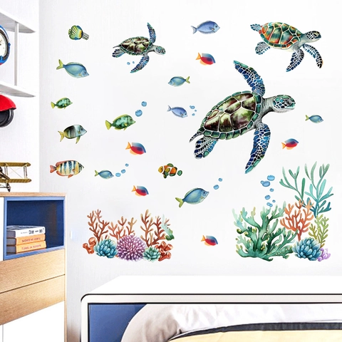 Pegatinas de Pared de Océano Tortuga Marina que Brillan en la Oscuridad Calcomanías PVC Luminosas Peces Coral Mundo Submarino