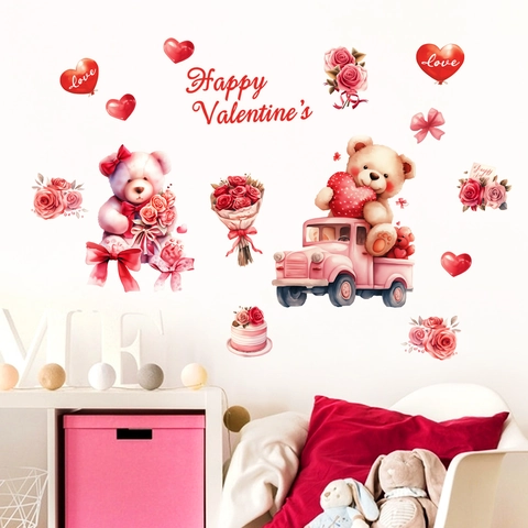 Valentinstag Teddybär Herz Wandaufkleber PVC Aquarell Rosa Rot Herz Ballon Rose Blume Aufkleber Für Home Decor