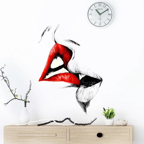 Modern Art Romantic Red Lips Wall Sticker Minimalist Kissing Line Drawing PVC Decal For Valentine's Day Home Decor