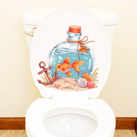 Sticker Mural en PVC Lumineux Fluorescent Bouteille Océan Poisson Rouge Étanche Amovible pour Chambre d'Enfant Salle de Bain