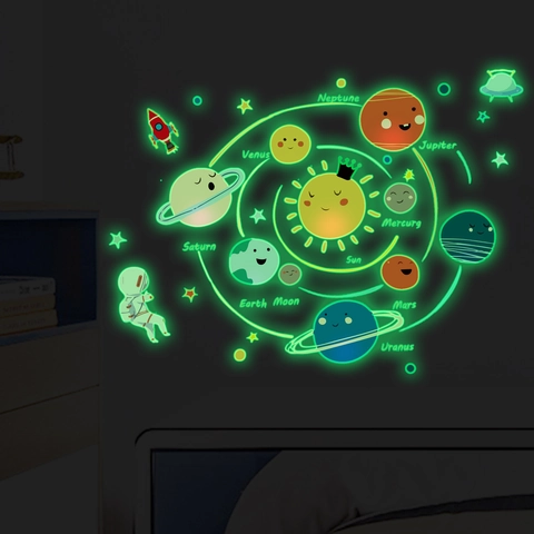 Glow In The Dark Solar System Wall Stickers For Kids Bedroom Cartoon Planet Space Rocket Astronaut PVC Fluorescent Decal Nursery Room Decoration