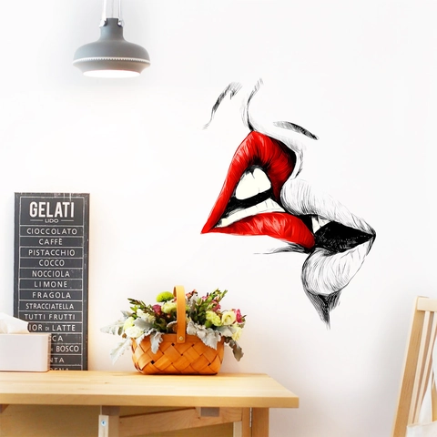 Modern Art Romantic Red Lips Wall Sticker Minimalist Kissing Line Drawing PVC Decal For Valentine's Day Home Decor