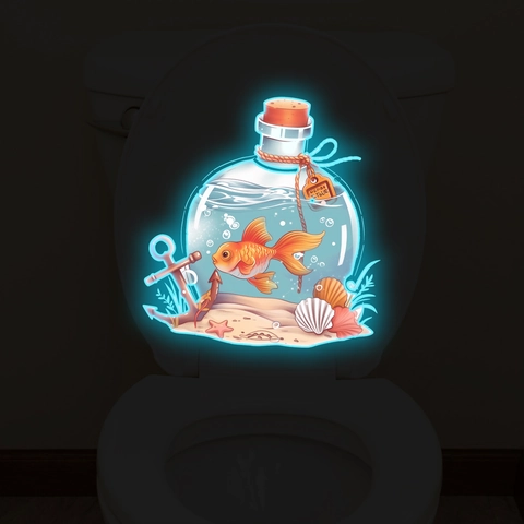 Sticker Mural en PVC Lumineux Fluorescent Bouteille Océan Poisson Rouge Étanche Amovible pour Chambre d'Enfant Salle de Bain