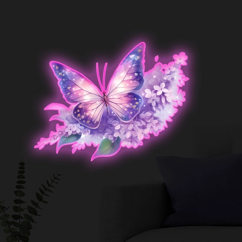 Purple Butterfly Flower Wall Sticker PVC Dreamy Glow Effect Removable Self Adhesive Decal For Bedroom Living Room Home Decor