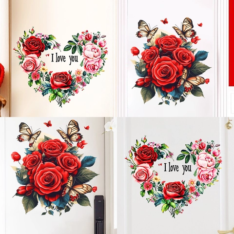 Adesivi da Parete Corona Rosa Cuore San Valentino Farfalla Romantica PVC Decalcomanie Porta Decorazione Soggiorno Casa