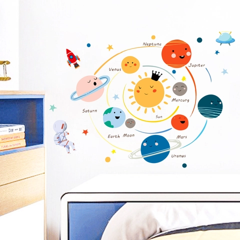 Glow In The Dark Solar System Wall Stickers For Kids Bedroom Cartoon Planet Space Rocket Astronaut PVC Fluorescent Decal Nursery Room Decoration