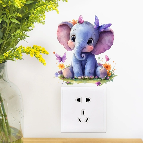 Leuchtender Cartoon Elefant Wandaufkleber Fluoreszierend Aquarell Tier Schmetterling Blume Deko Für Kinderzimmer Lichtschalter