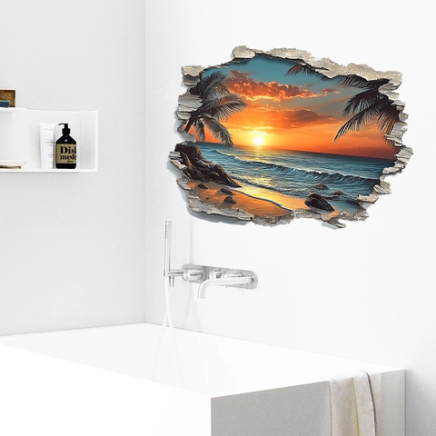 Vinilo de Pared 3D Playa al Atardecer Vista de Ventana PVC Impermeable Efecto de Pared Rota Océano Palmera Decoración de Hogar