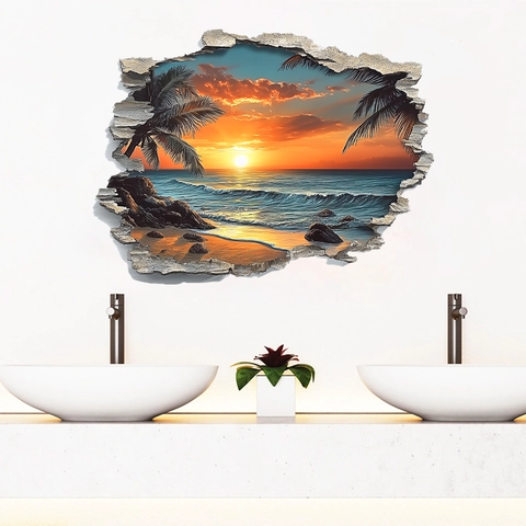 Vinilo de Pared 3D Playa al Atardecer Vista de Ventana PVC Impermeable Efecto de Pared Rota Océano Palmera Decoración de Hogar