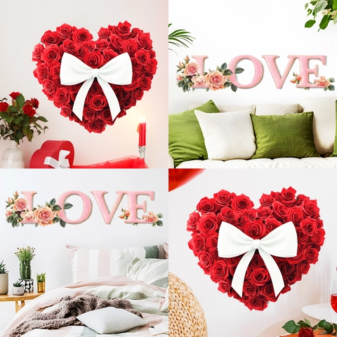 Romantische PVC Rote Rose Herz LOVE Alphabet Wandtattoo Mit Schleife Valentinstag Hochzeit Heim Dekoration Dekoratives Wandaufkleber