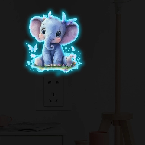 Leuchtender Cartoon Elefant Wandaufkleber Fluoreszierend Aquarell Tier Schmetterling Blume Deko Für Kinderzimmer Lichtschalter