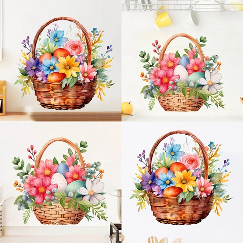 Aquarell Ostern Blumenkorb Wandaufkleber PVC Abnehmbare Florale Ostereier Wandtattoo Für Küche Home Decor Festliche Dekoration