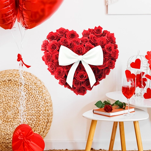 Romantische PVC Rote Rose Herz LOVE Alphabet Wandtattoo Mit Schleife Valentinstag Hochzeit Heim Dekoration Dekoratives Wandaufkleber