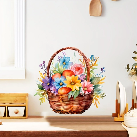 Aquarell Ostern Blumenkorb Wandaufkleber PVC Abnehmbare Florale Ostereier Wandtattoo Für Küche Home Decor Festliche Dekoration