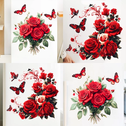 Romantische Rode Roos Boeket Vlinder Muursticker PVC Waterdicht Koelkast Sticker Voor Slaapkamer Keuken Huis Valentijnsdag