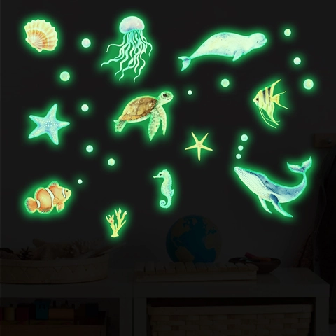 Stickers Muraux Vie Marine Lumineux Brille Dans Le Noir Animaux Océan Aquarelle PVC Autocollants Amovibles Pour Chambre Enfants
