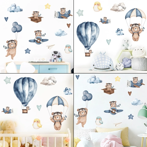 Stickers Muraux Ours de Bande Dessinée Avion Montgolfière pour Chambre d'Enfant Crèche PVC Style Aquarelle Décalcomanies Maison
