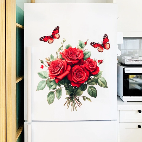 Romantische Rode Roos Boeket Vlinder Muursticker PVC Waterdicht Koelkast Sticker Voor Slaapkamer Keuken Huis Valentijnsdag