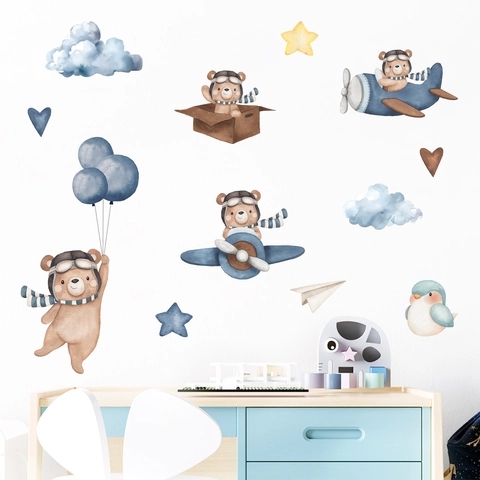 Stickers Muraux Ours de Bande Dessinée Avion Montgolfière pour Chambre d'Enfant Crèche PVC Style Aquarelle Décalcomanies Maison
