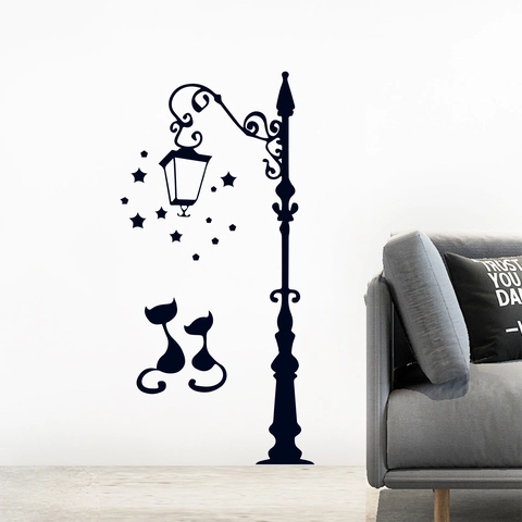 Creative Street Lamp Cat Star Silhouette Wall Sticker Removable PVC Decorative Mural For Living Room Bedroom Home Decor