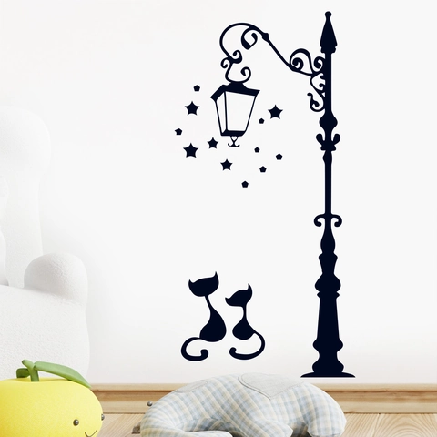 Creative Street Lamp Cat Star Silhouette Wall Sticker Removable PVC Decorative Mural For Living Room Bedroom Home Decor