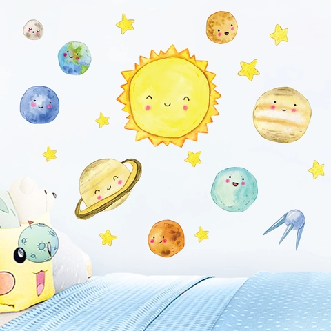 Adesivi Murali Luminosi Pianeti del Sistema Solare Fluorescenti Cartone Animato Stelle Decalcomanie per Camera Bambini Parete