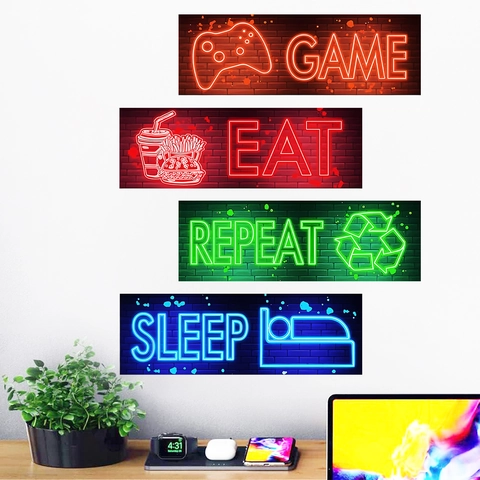 Adesivi Murali Effetto Neon Game Eat Repeat Sleep Decorazione Stanza Gamer PVC Impermeabile Decalcomanie Rimovibili Per Camera Da Letto