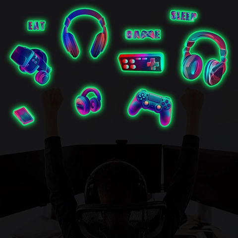 Adesivi Murali al Neon Luminosi Gaming PVC Decalcomanie per Sala Giochi EAT GAME SLEEP Cuffie Controller VR Headset Decor