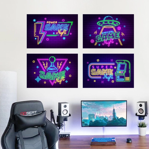 Neon Game Night Wandaufkleber PVC Gaming Decals Für Spielzimmer Dekor Mit Joystick Arcade UFO Muster Modern Home Art