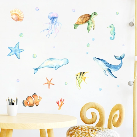 Stickers Muraux Vie Marine Lumineux Brille Dans Le Noir Animaux Océan Aquarelle PVC Autocollants Amovibles Pour Chambre Enfants