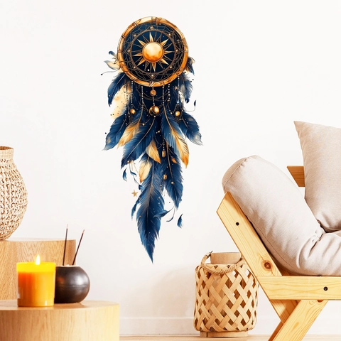 Böhmischer Traumfänger Sonne Feder 3D Wandtattoo PVC Luxus Blau Gold Aufkleber Für Wohnzimmer Schlafzimmer Home Deko