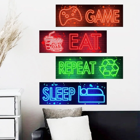 Adesivi Murali Effetto Neon Game Eat Repeat Sleep Decorazione Stanza Gamer PVC Impermeabile Decalcomanie Rimovibili Per Camera Da Letto