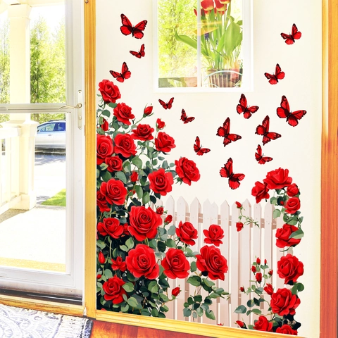 Adesivi Murali Con Rose Rosse E Farfalle PVC Decalcomanie Floreali Rimovibili Per San Valentino Camera Da Letto Casa