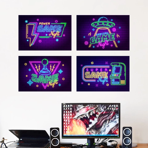 Neon Game Night Wandaufkleber PVC Gaming Decals Für Spielzimmer Dekor Mit Joystick Arcade UFO Muster Modern Home Art