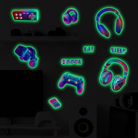 Adesivi Murali al Neon Luminosi Gaming PVC Decalcomanie per Sala Giochi EAT GAME SLEEP Cuffie Controller VR Headset Decor