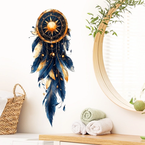 Böhmischer Traumfänger Sonne Feder 3D Wandtattoo PVC Luxus Blau Gold Aufkleber Für Wohnzimmer Schlafzimmer Home Deko