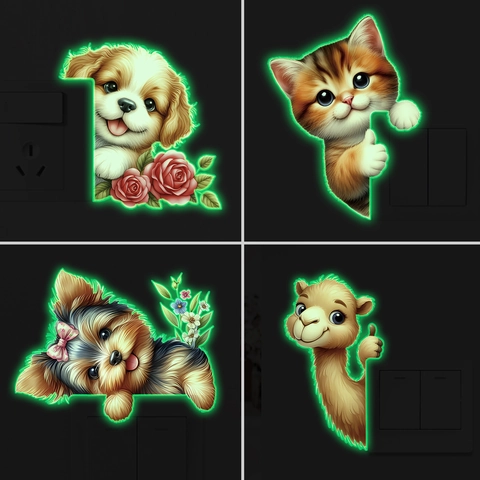 Leuchtende Cartoon Tier Wandaufkleber PET Welpe Kätzchen Kamel Glow In The Dark Lichtschalter Dekor Für Schlafzimmer Schmuck