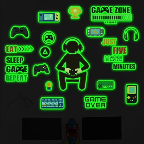 Luminous Gamer Wall Stickers Glow In The Dark PVC Fluorescent Gaming Controller Decals For Bedroom Esports Room Decor Gift