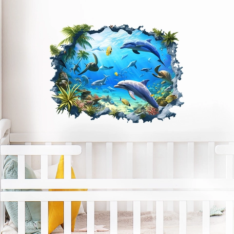 Adesivo da Parete Oceano 3D Luminoso Design Parete Rotta Delfino Tartaruga Marina Corallo Decalcomania in PVC per Cameretta Bambini