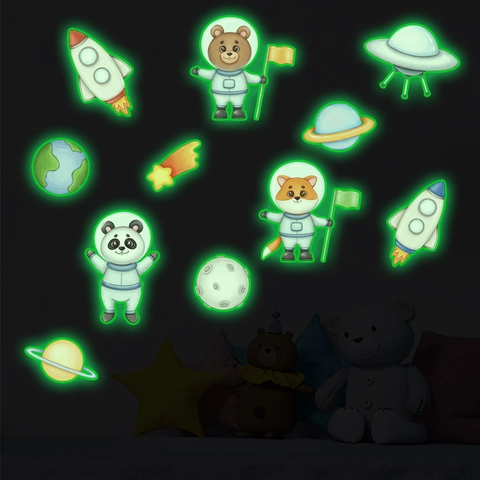 Luminous Space Wall Stickers Cartoon Astronaut Planets Rocket Animals Decals For Kids Bedroom Decor Modern Minimalist